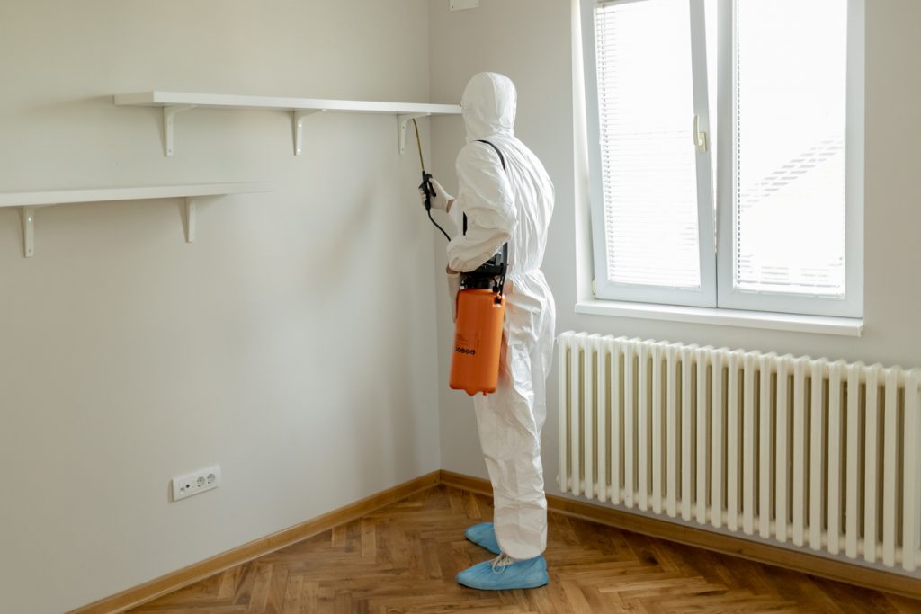 Man in Chemical Protection Suit Disinfecting Office Space